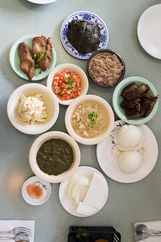 Some of the many dishes mentioned in the Fish and Poi song! (This spread is from Helena's Hawaiian Food)