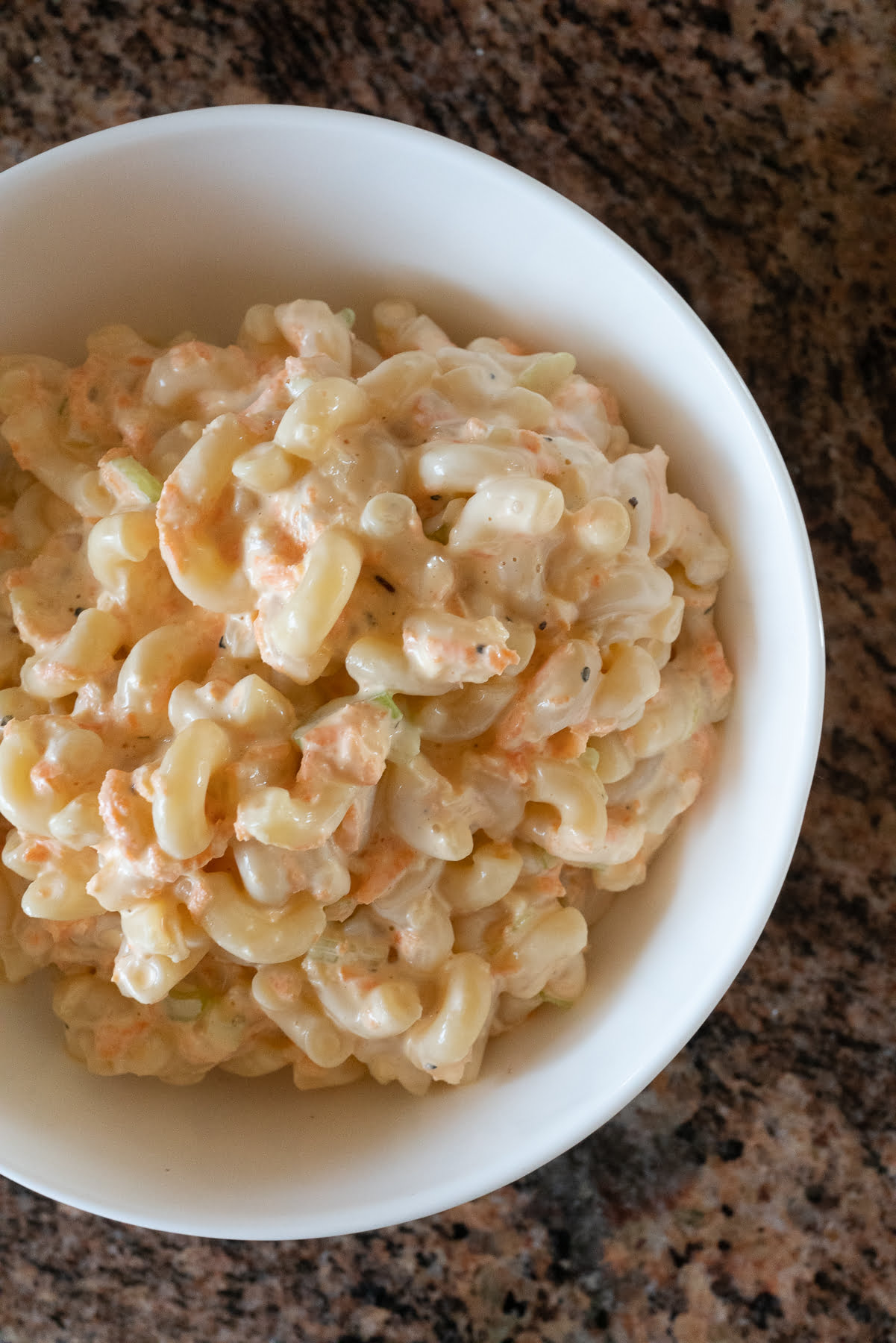 A bowl of Hawaiian Macaroni Salad.