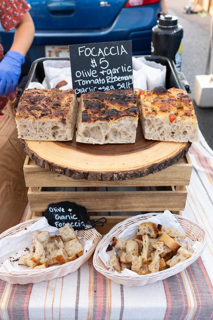 Focaccia offerings at the Roscoe's Sourdough Breads stand at Kakaako Farmers Market