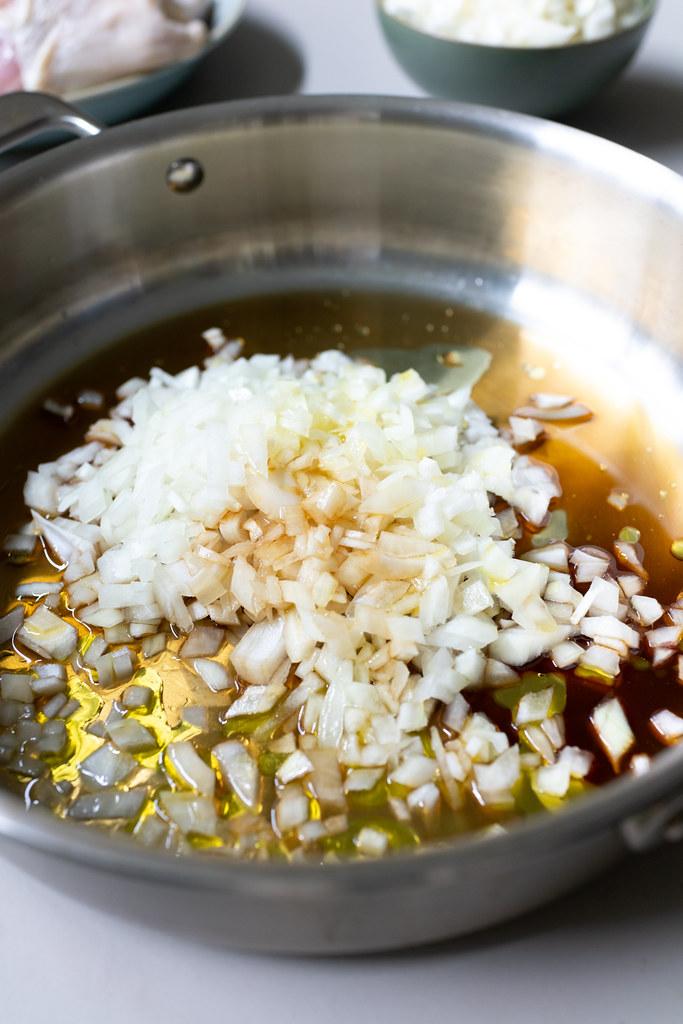 Rice vinegar, soy sauce (shoyu), olive oil, and onions