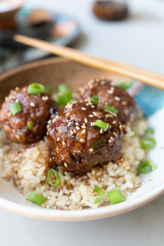 Teriyaki meatballs over rice, ready to eat!