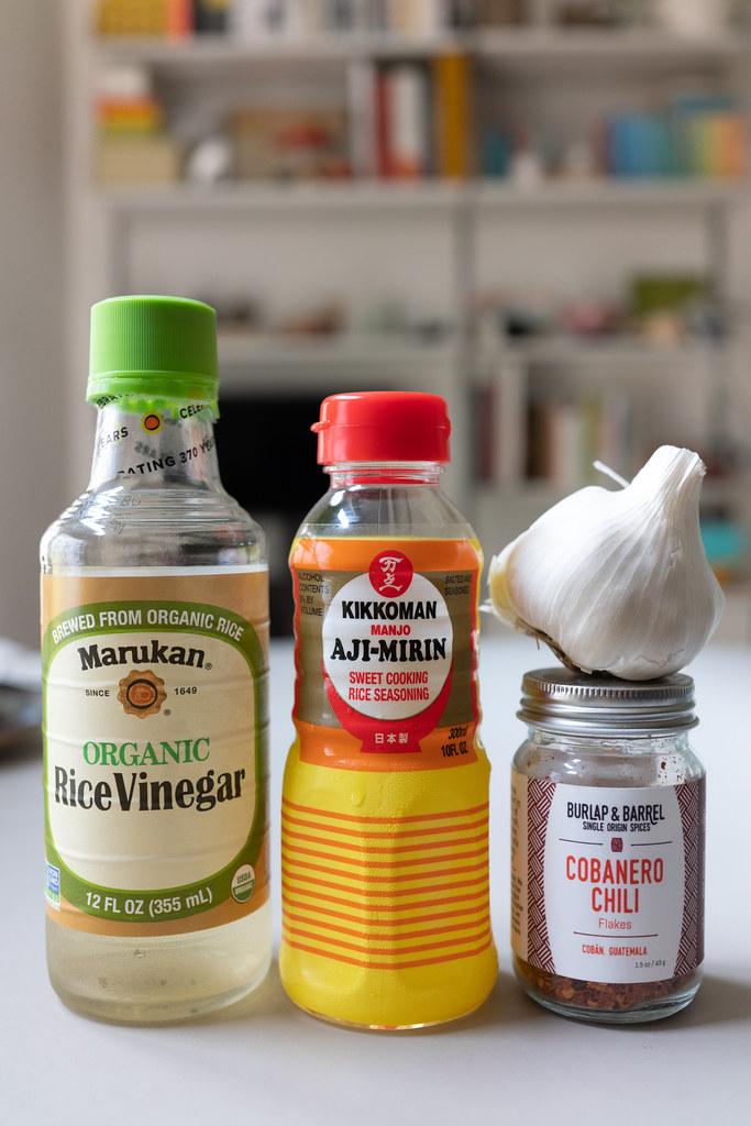 Optional additional ingredients for teriyaki sauce (mirin, rice vinegar, chili flakes, and garlic)