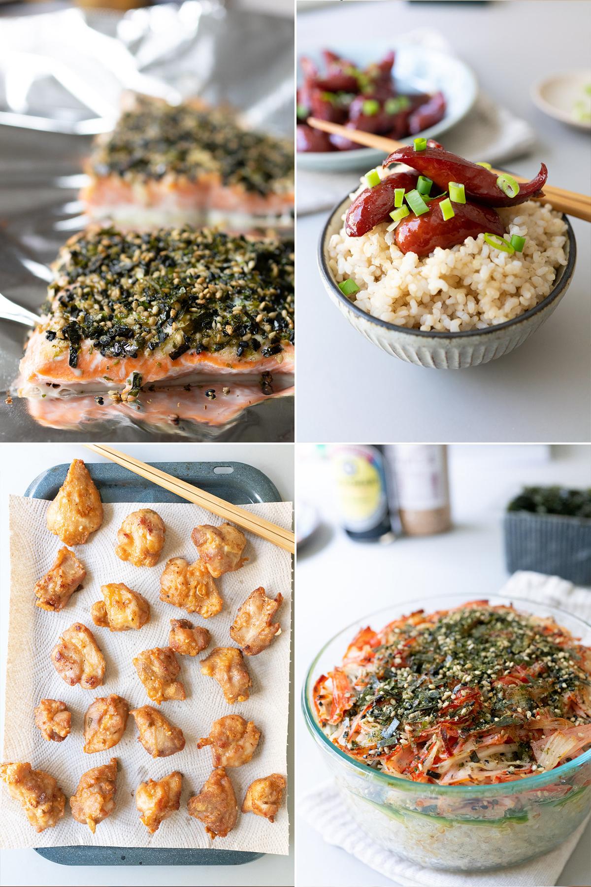 Collage of local dishes. Clockwise from top-left: furikake salmon, shoyu hot dogs, sushi bake, and mochiko chicken.