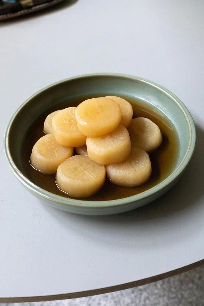 Simmered Daikon in a bowl, ready to eat