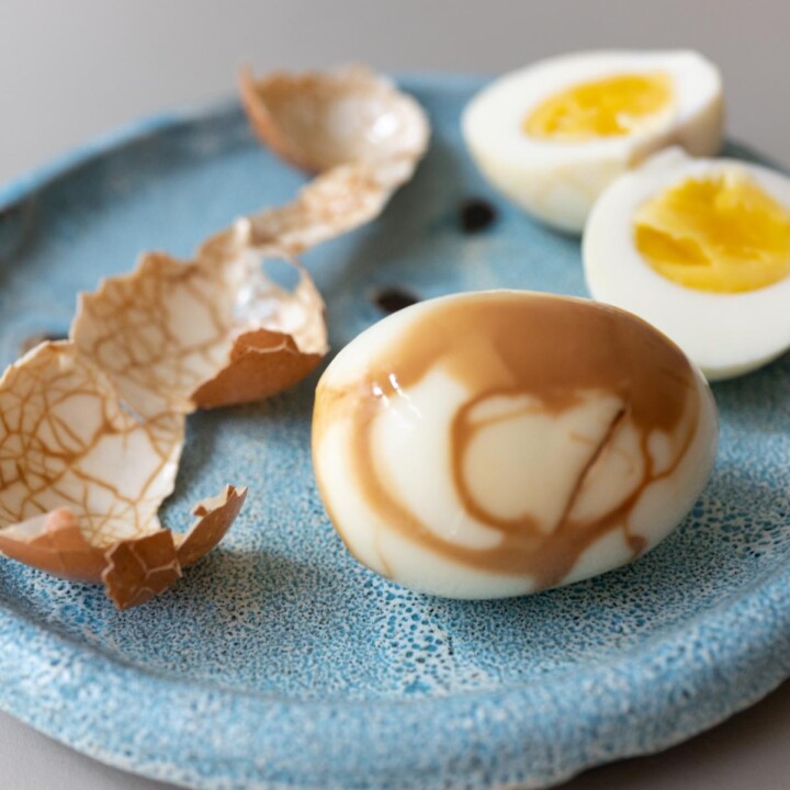Chinese tea eggs on a plate, ready to eat