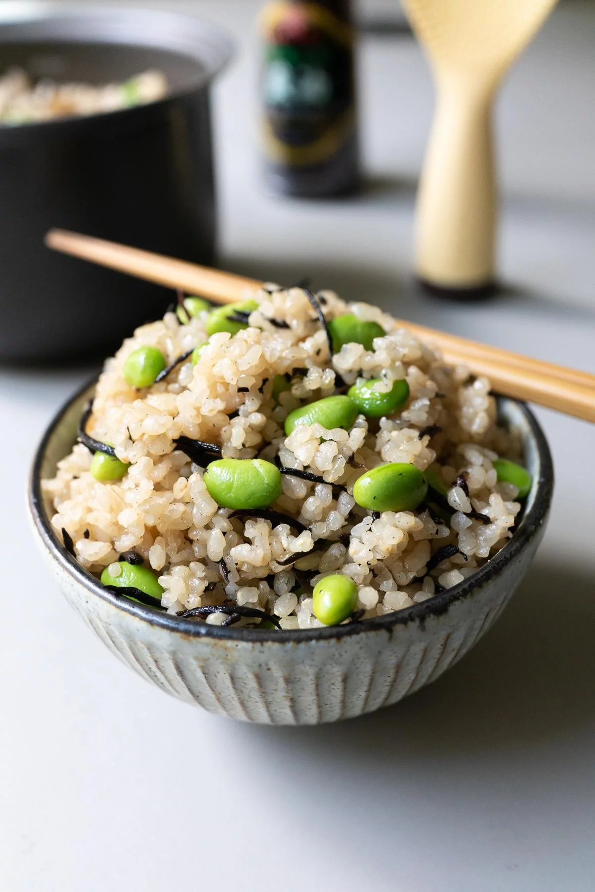 Edamame and Hijiki Rice in a bowl, ready to eat