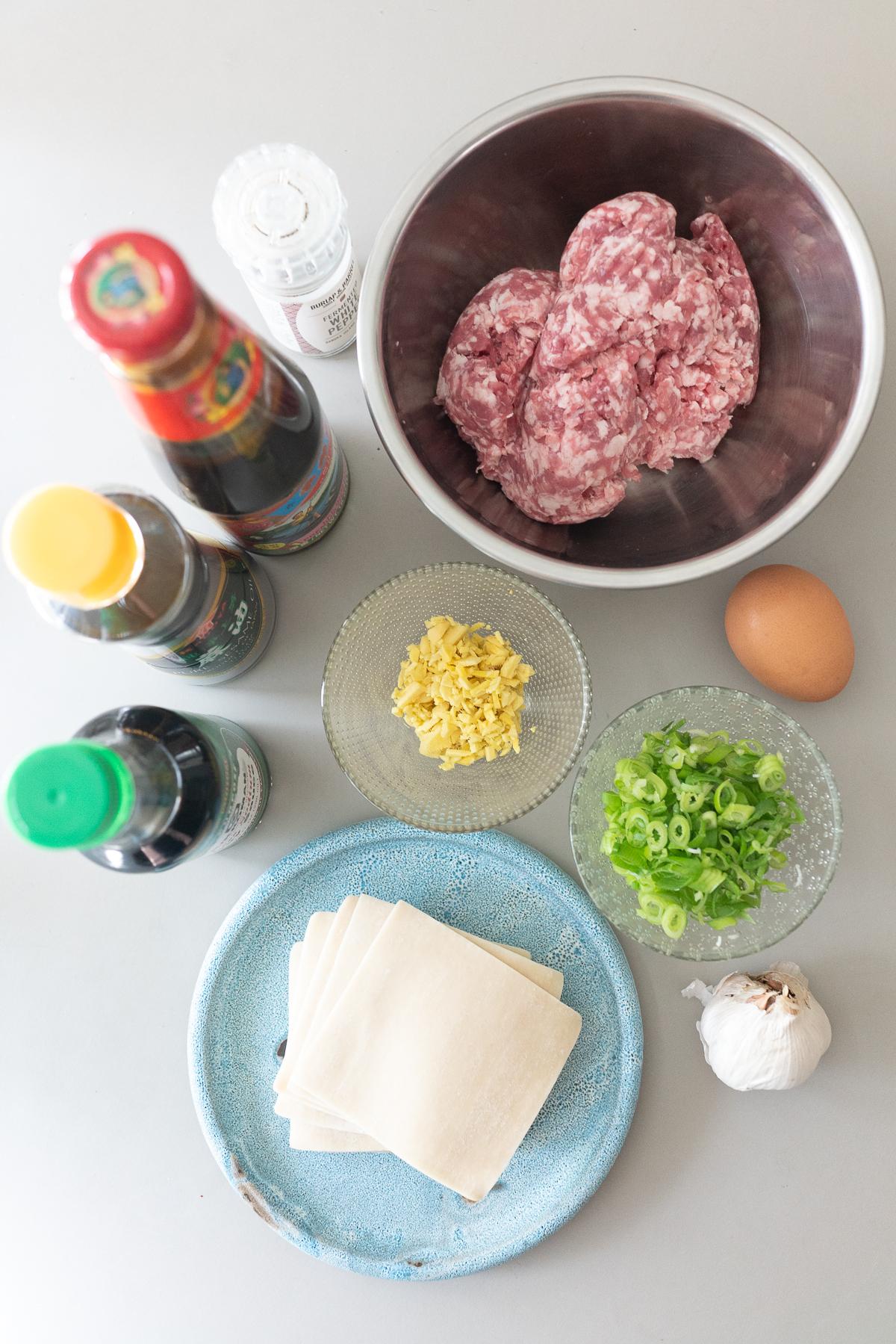 Ingredients to make pork wontons (ground pork, soy sauce, sesame oil, oyster sauce, egg, green onions, garlic, ginger, and square wonton wrappers