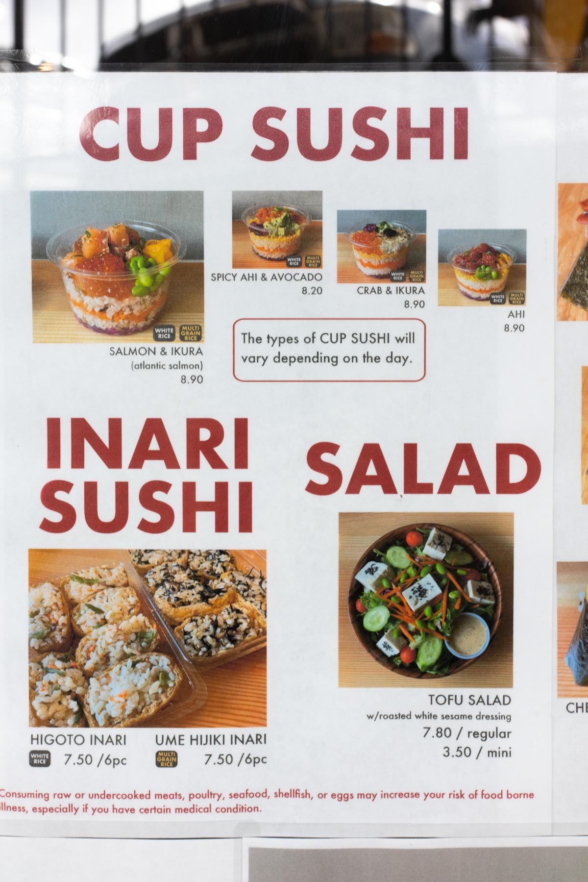 Cup Sushi, Inari Sushi, and Salad menu at Daily selection of bentos and musubi at Mentaiko and egg musubi