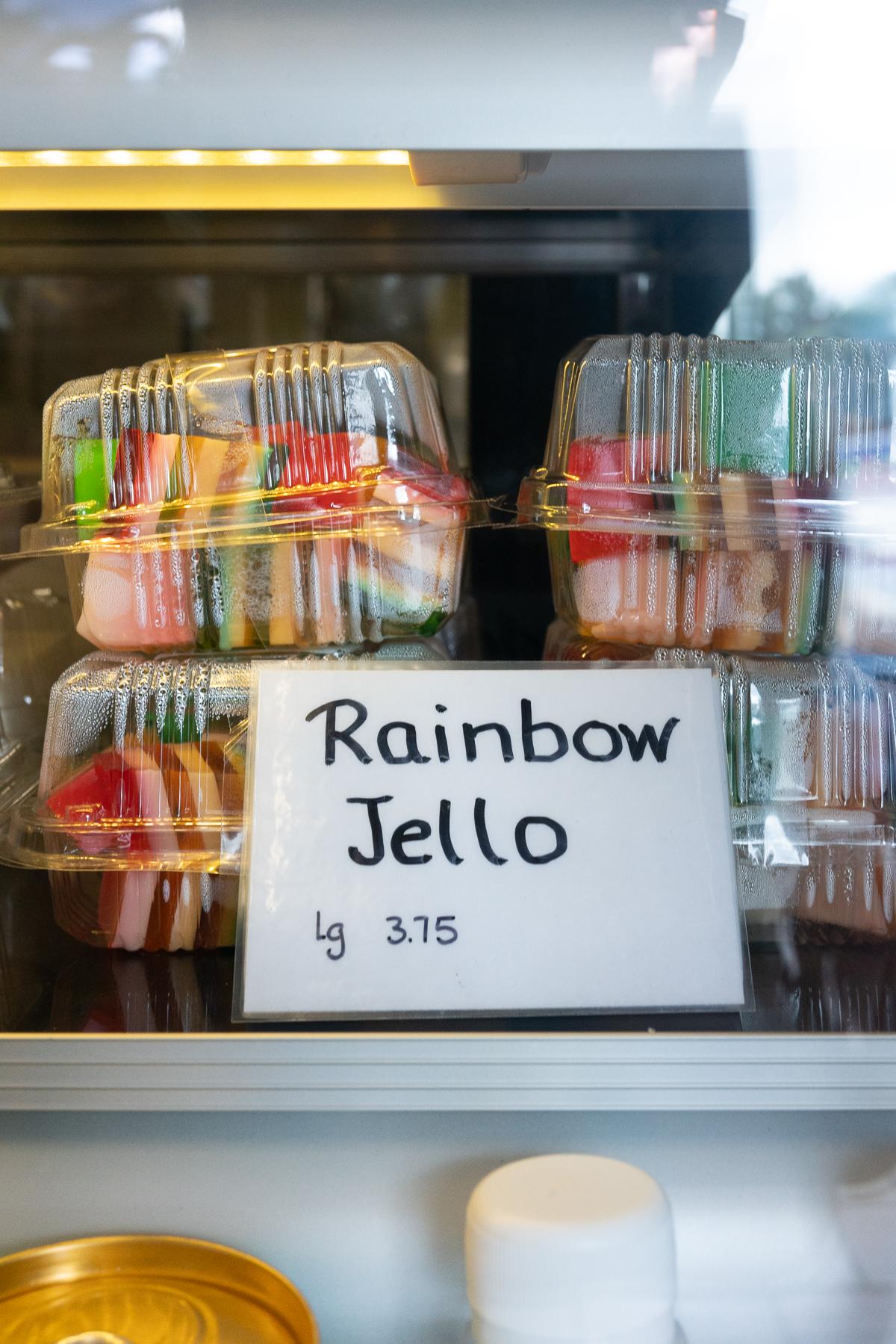 A container of Rainbow Jello from Adela’s Country Eatery on Oahu