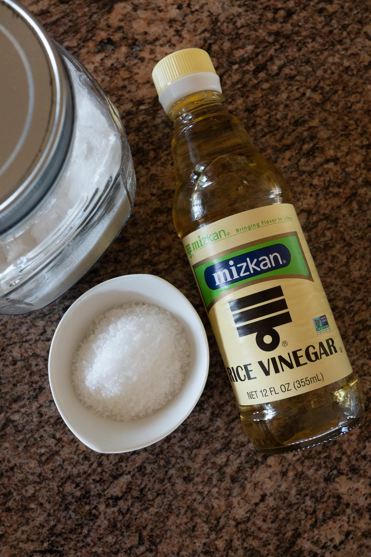 Seasoning ingredients for Pickled Japanese Cucumbers: salt, sugar, and rice vinegar