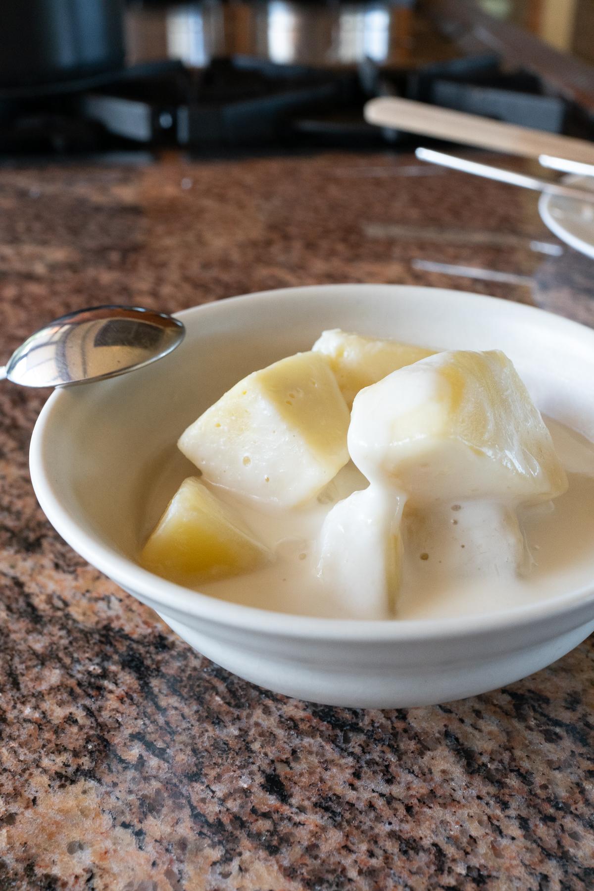 A bowl of Breadfruit (Ulu) with Coconut Milk.