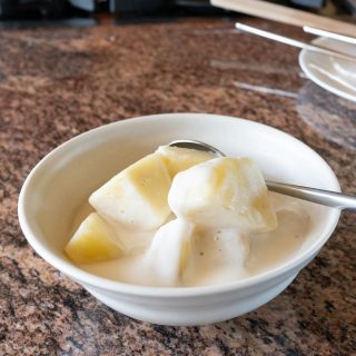 A bowl of Breadfruit (Ulu) with Coconut Milk.