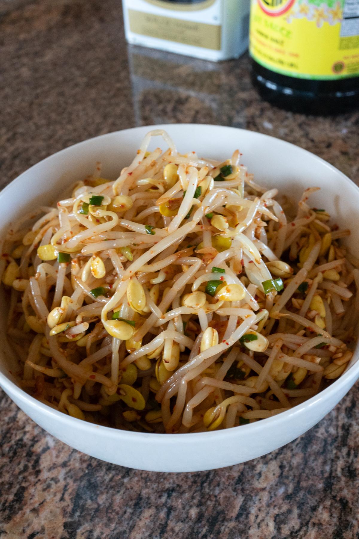 Korean Bean Sprouts in a bowl, ready to eat