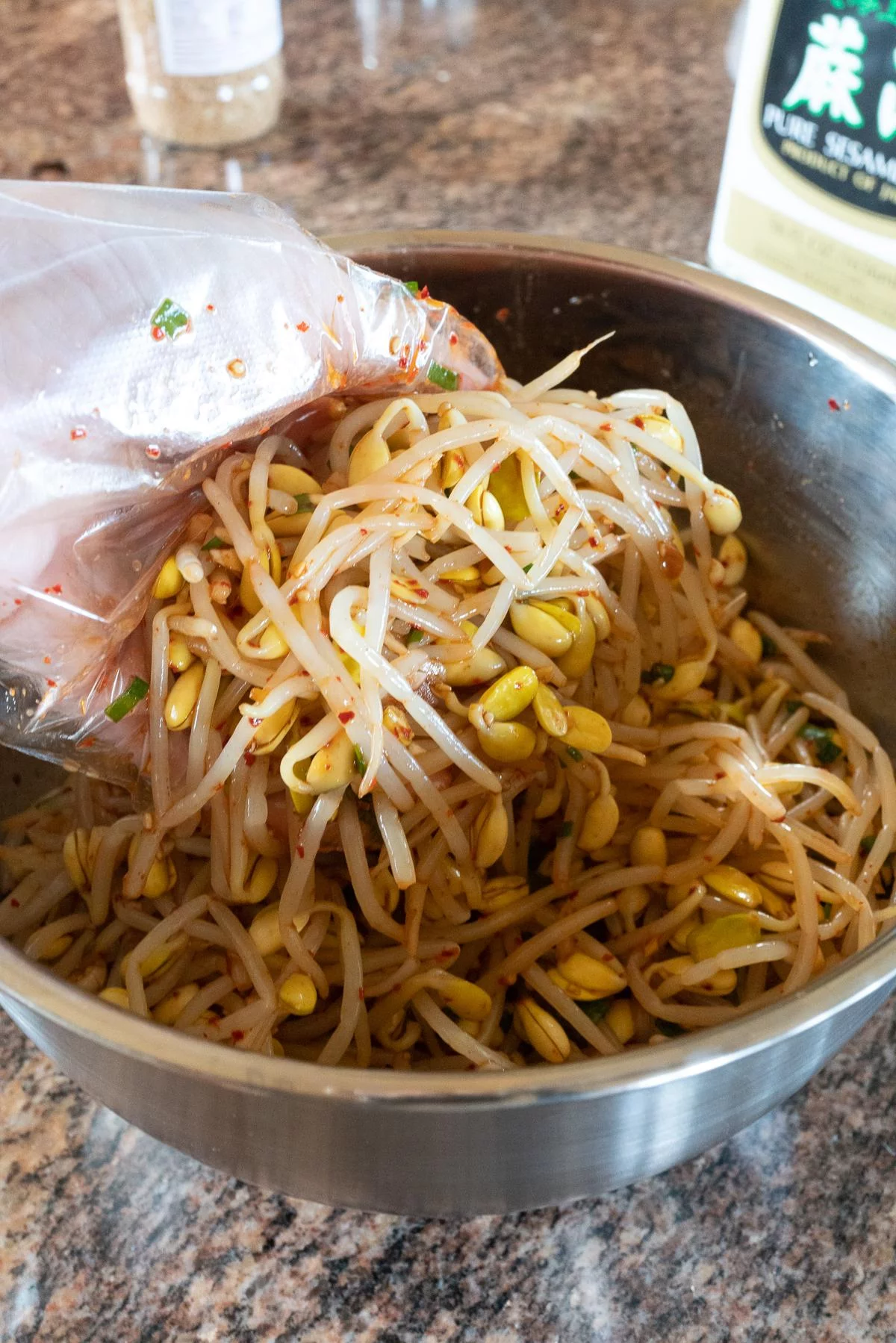 Mixing the Korean Bean Sprouts with all the seasonings