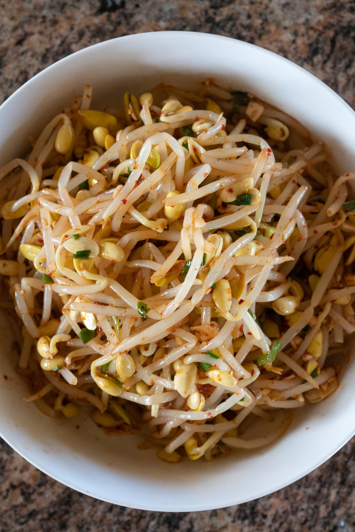 Korean Bean Sprouts in a bowl, ready to eat