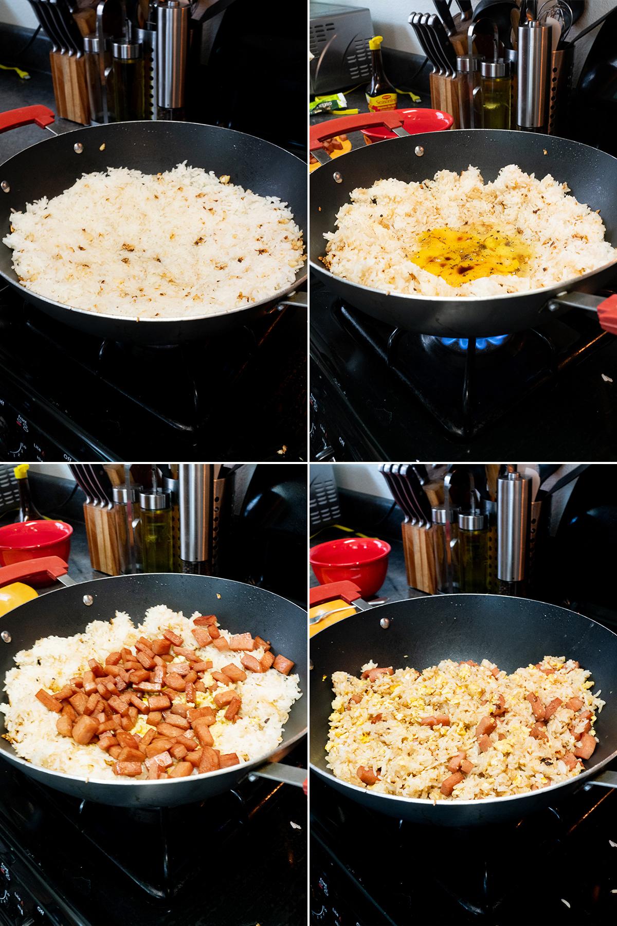 Collage of cooking steps for Spam Fried Rice. 1) Crisp the rice. 2) Add eggs to the center of the pan. 3) Add the crisped Spam back in. 4) Stir to mix.