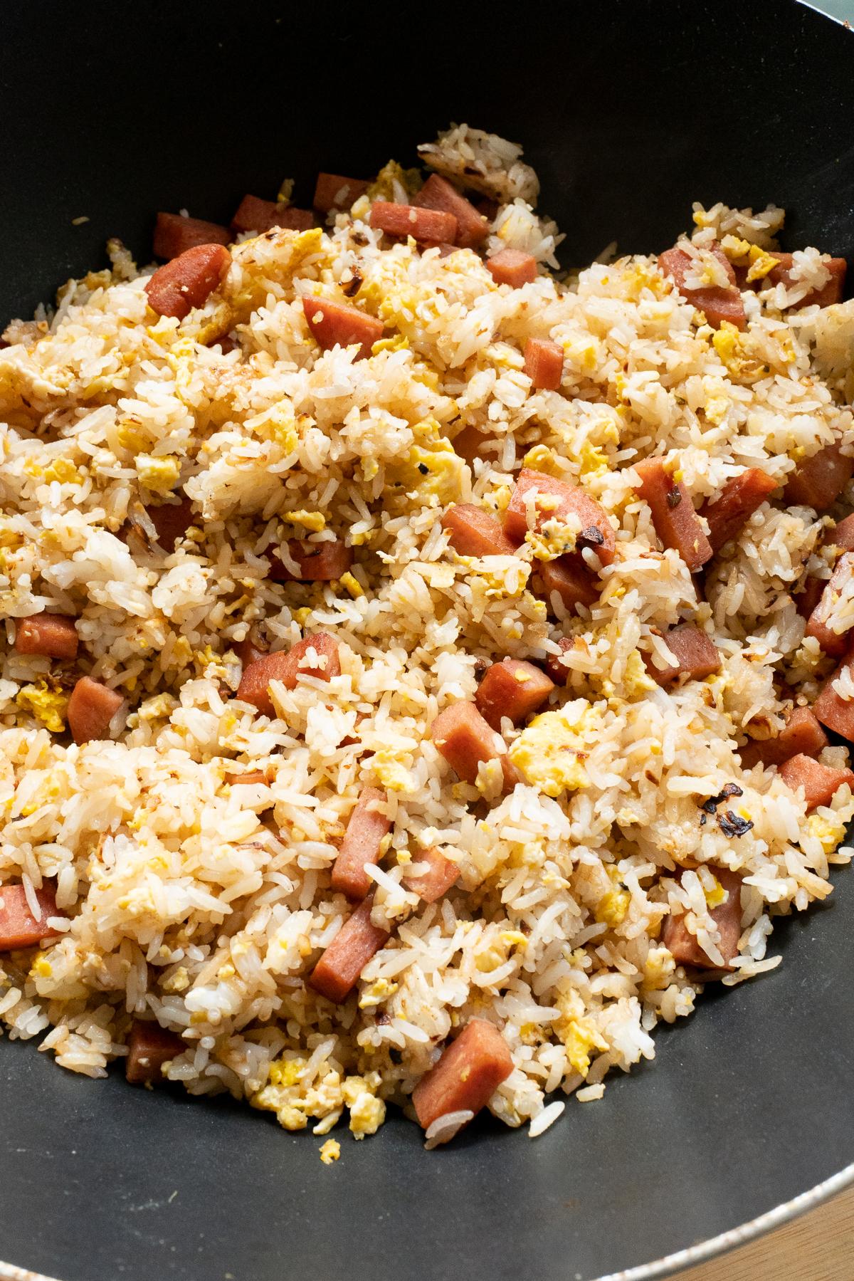 A just-cooked batch of Spam Fried Rice in the cooking pan