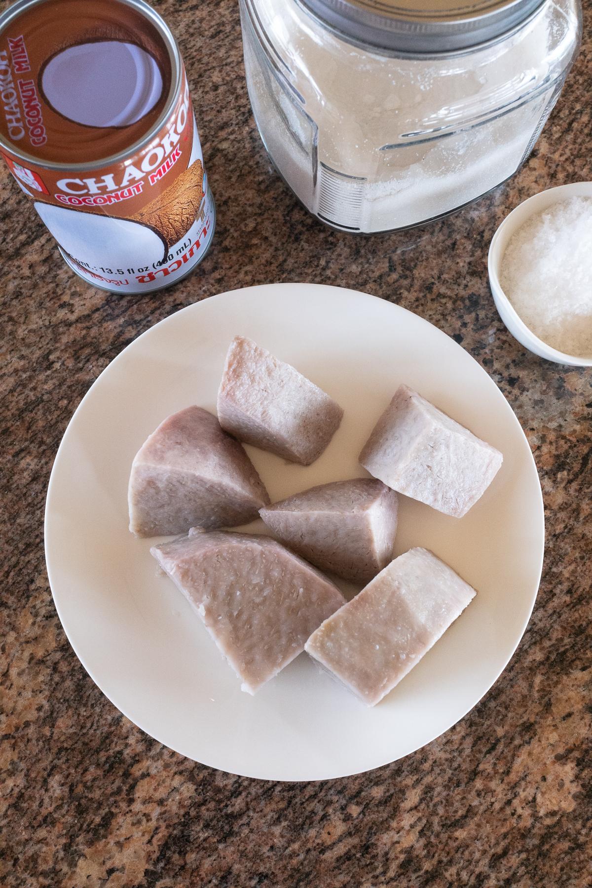 Ingredients for Taro with Coconut Milk: par-cooked taro, coconut milk, sugar, and salt