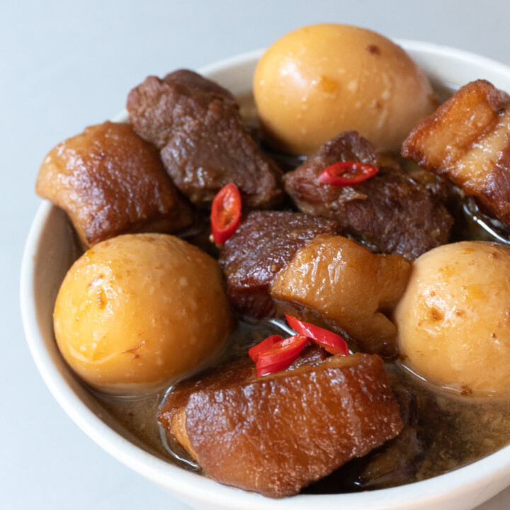 A bowl of Thit Kho (Vietnamese Braised Pork and Egg), ready to eat.