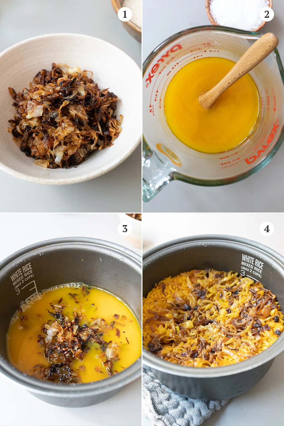 Collage of making turmeric rice steps. 1) sauté the shallots. 2) mix the chicken broth with turmeric powder and salt. 3) layer everything into the rice cooker. 4) cook the rice in the rice cooker and then fluff and mix.