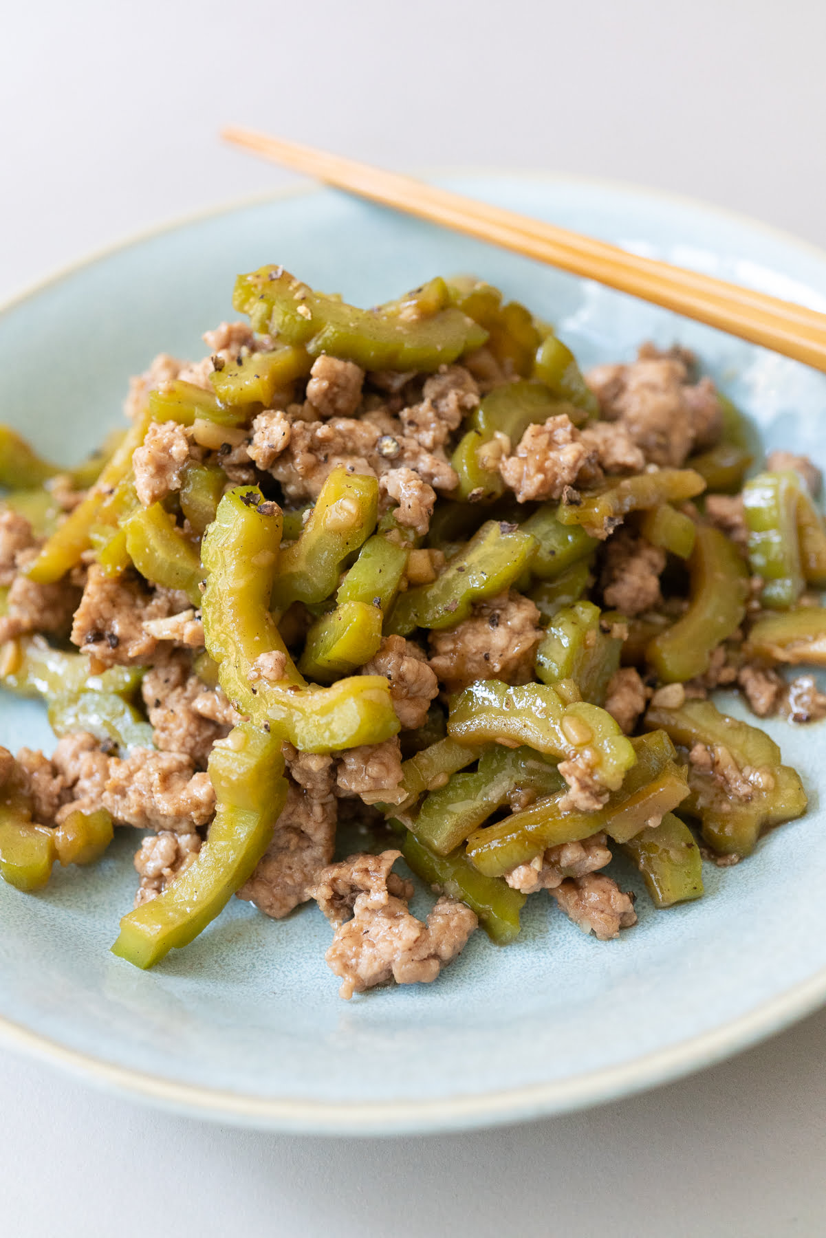 A plate of Bitter Melon Stir Fry, ready to eat.