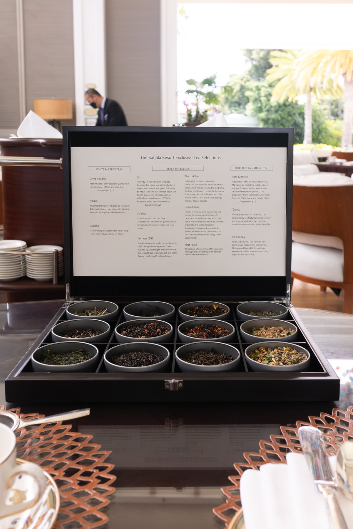 A box of loose leaf teas at Kahala Hotel’s afternoon tea.