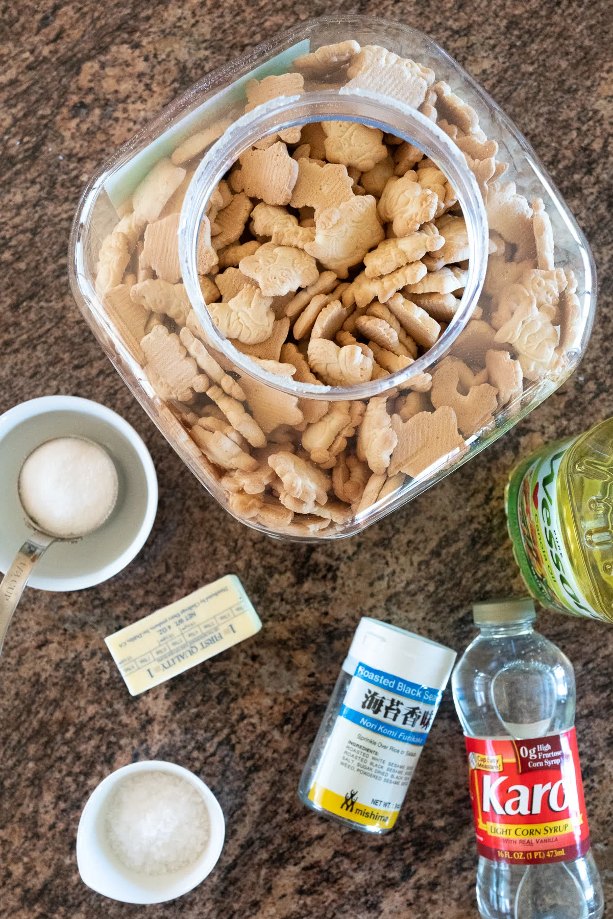 Ingredients to make furikake animal crackers laid out on the counter.