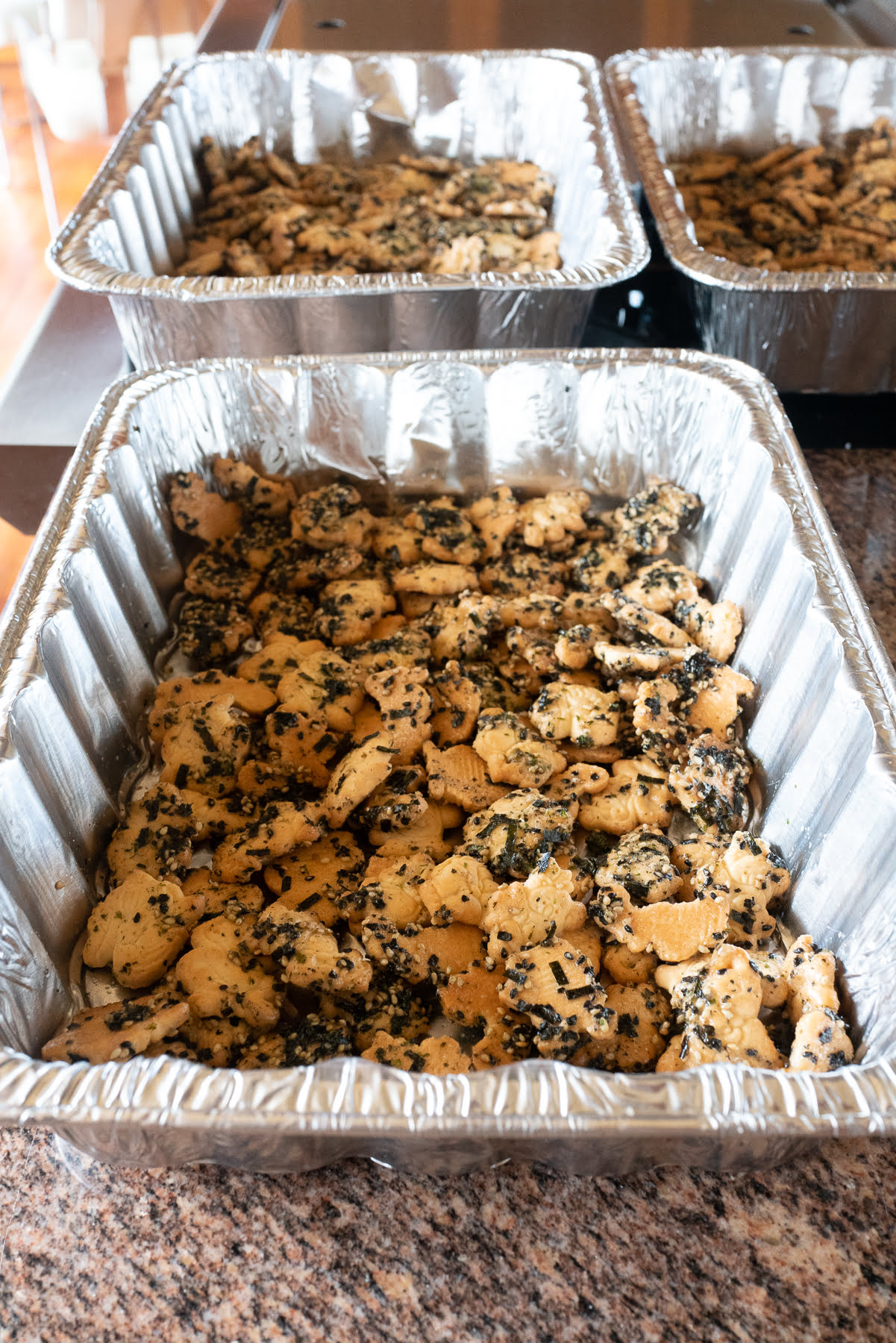 Trays filled with furikake animal crackers hot out of the oven.