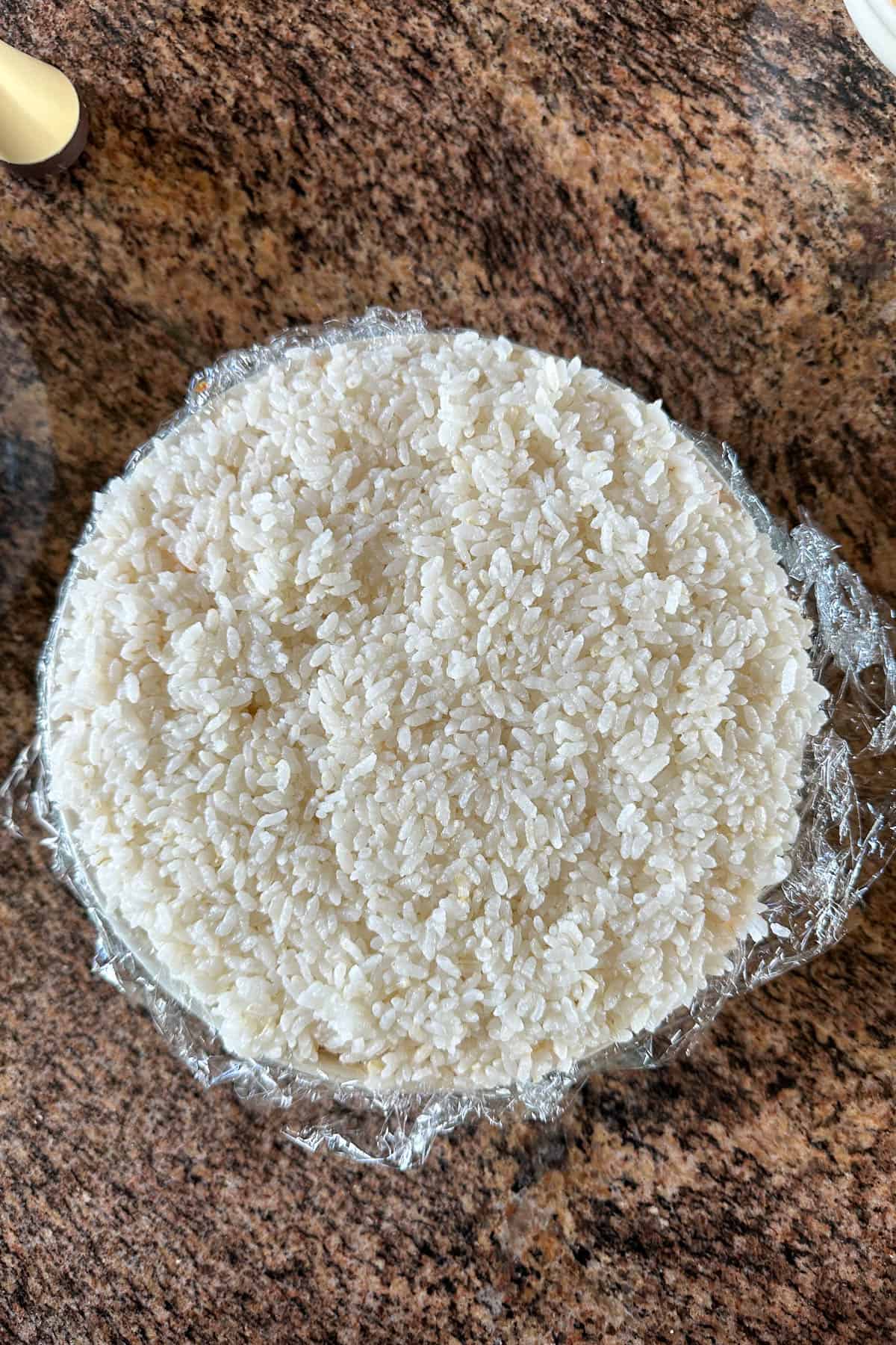 The top rice layer of the sushi cake