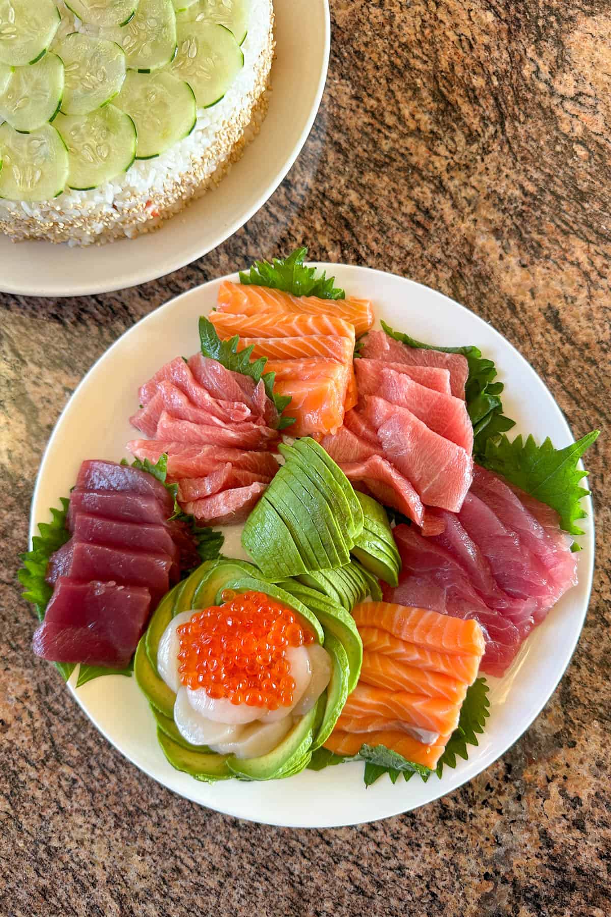 Sushi cake with the top layer removed.