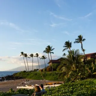 The afternoon palm trees, beach, and ocean shore in Wailea, Maui.