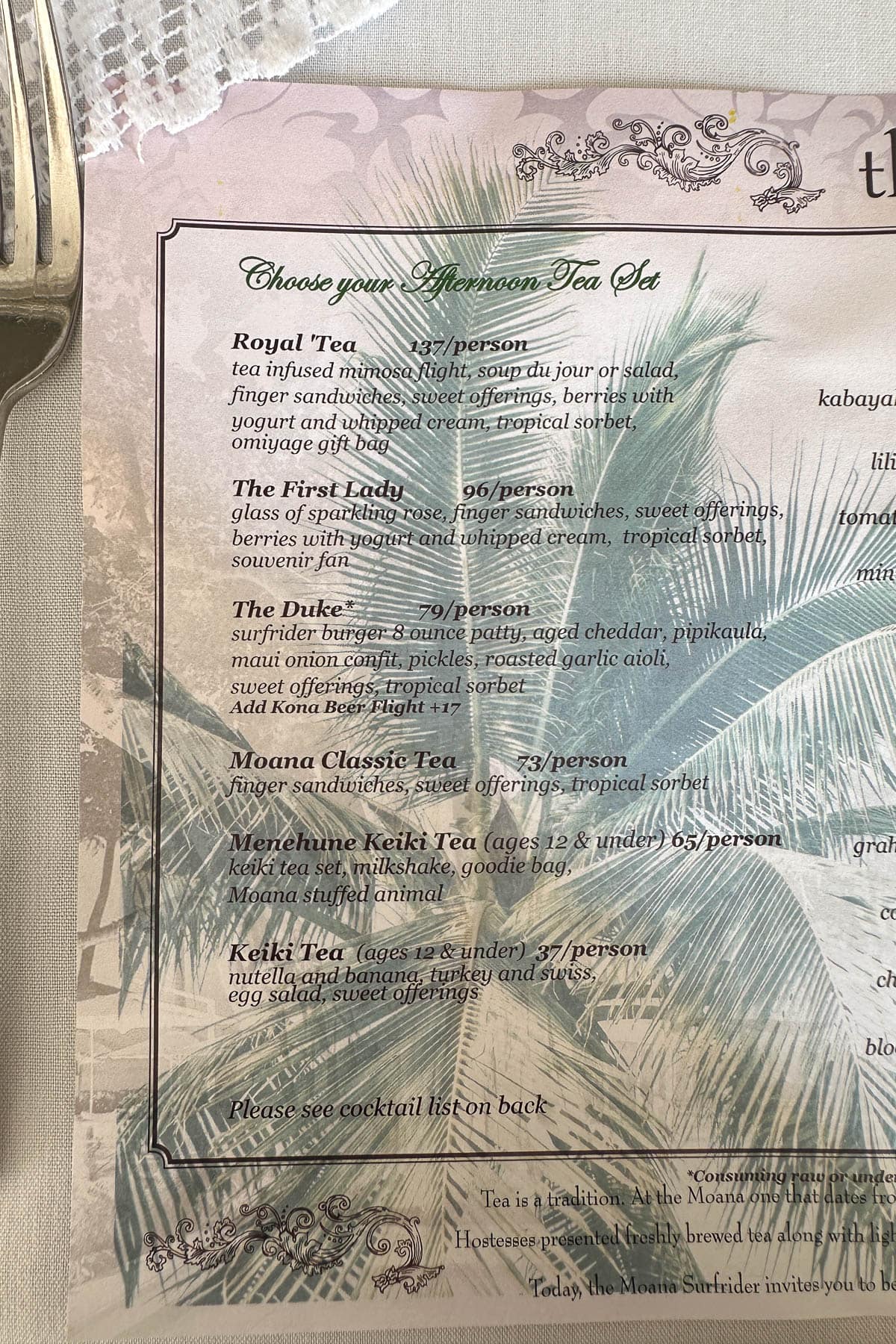 The menu at Moana Surfrider 2025 afternoon tea.
