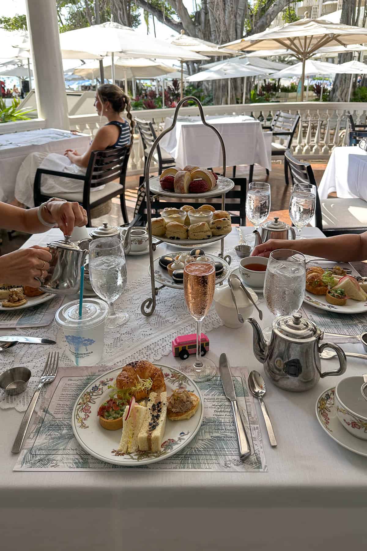Afternoon tea setup at Moana Surfrider 2025 afternoon tea.