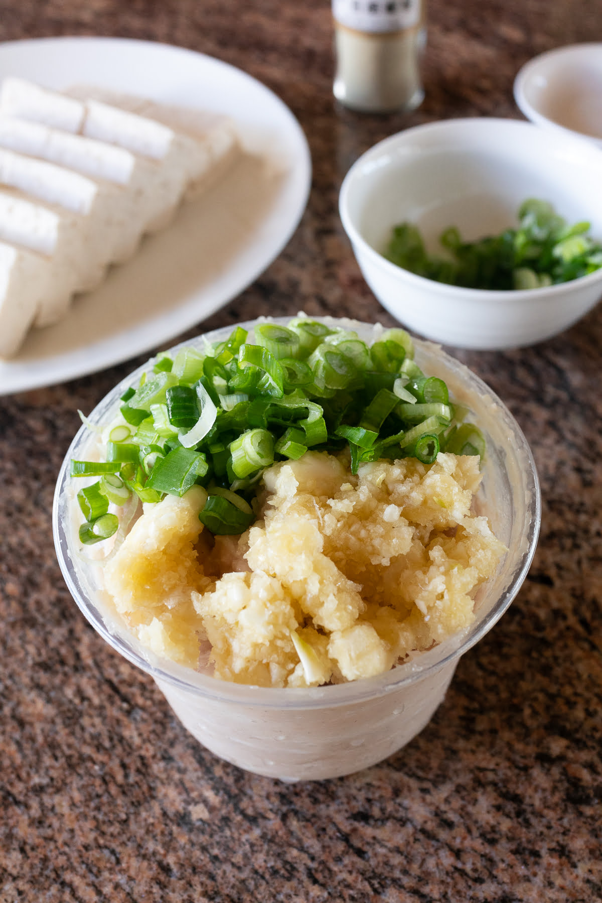 Fish paste, garlic, and green onions in a container.