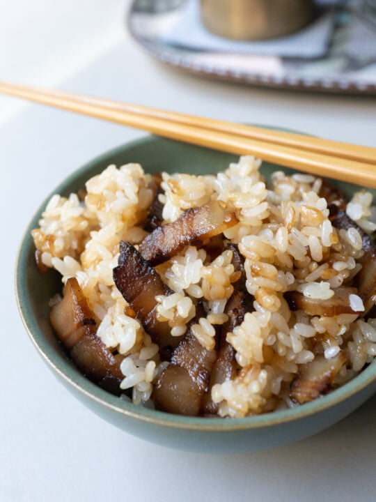 A bowl of Chinese Bacon Rice, ready to eat.