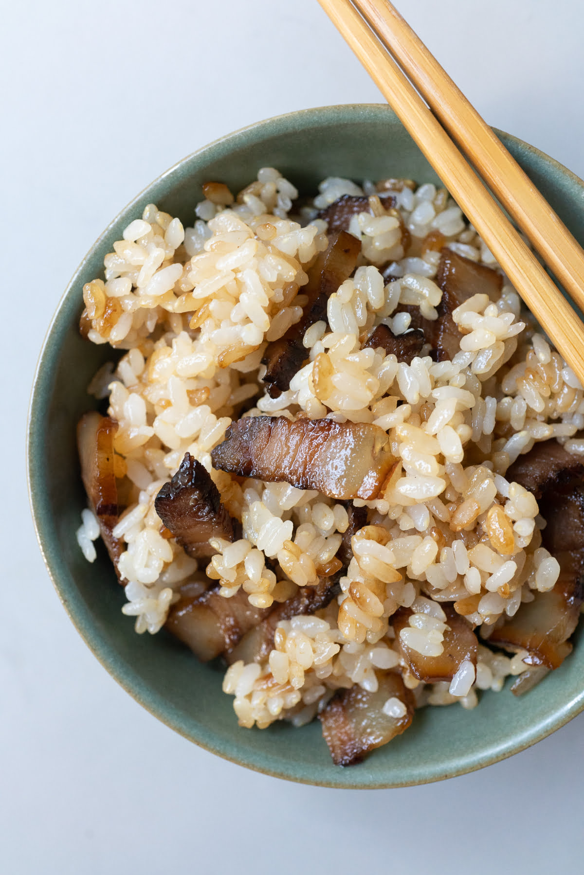A bowl of Chinese Bacon Rice, ready to eat.