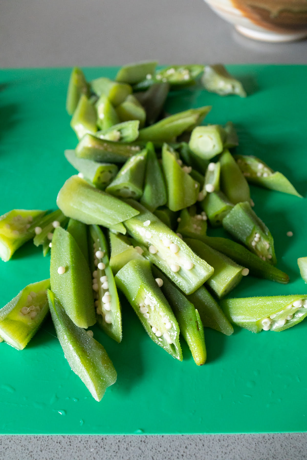 A pile of fresh okra, just boiled and sliced.