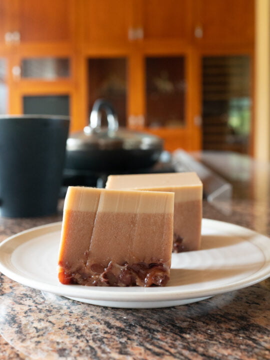 Azuki Coffee Jelly, two pieces on a plate.