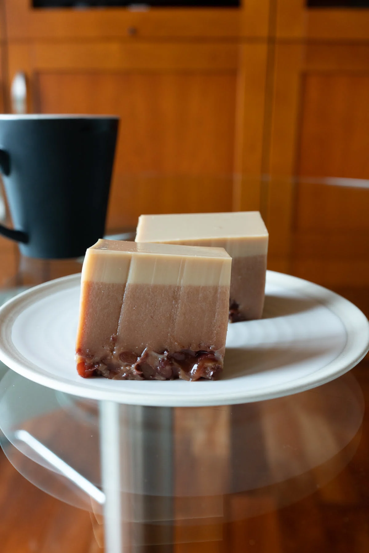 Azuki Coffee Jelly, two pieces on a plate.