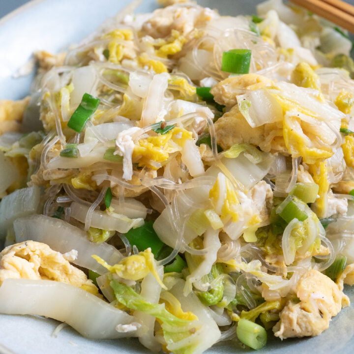 A plate of Glass Noodles and Cabbage Stir Fry, ready to eat.