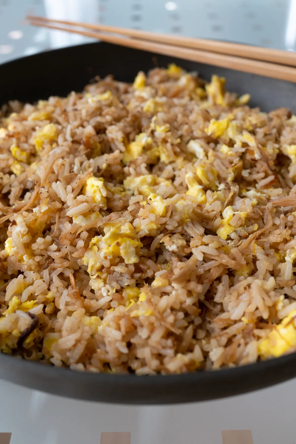 A pan of ginger fried rice.