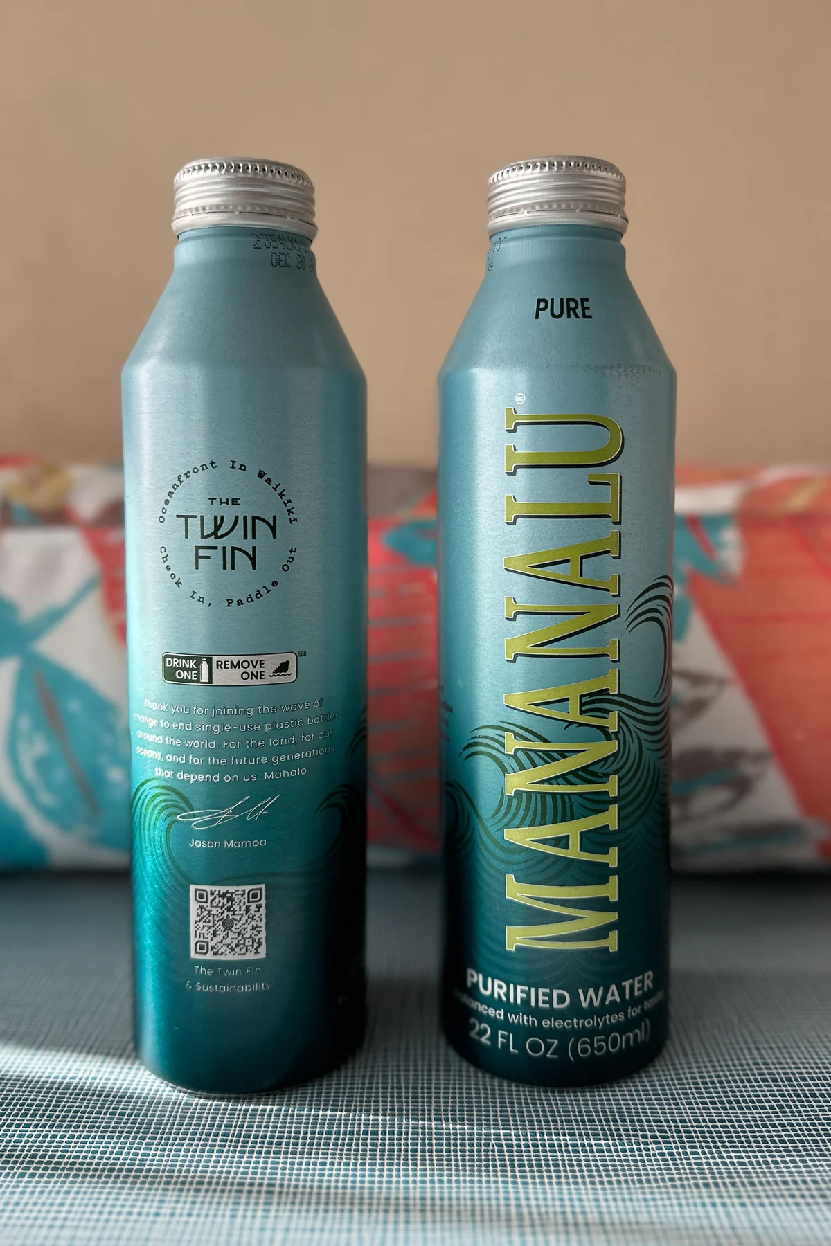 Reusable water bottles given at The Twin Fin Hotel.