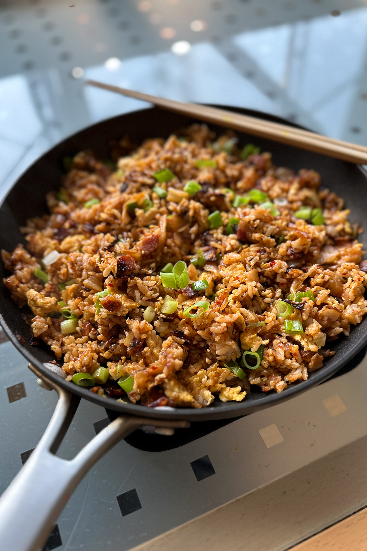 Kimchi fried rice in a pan, ready to eat and enjoy.