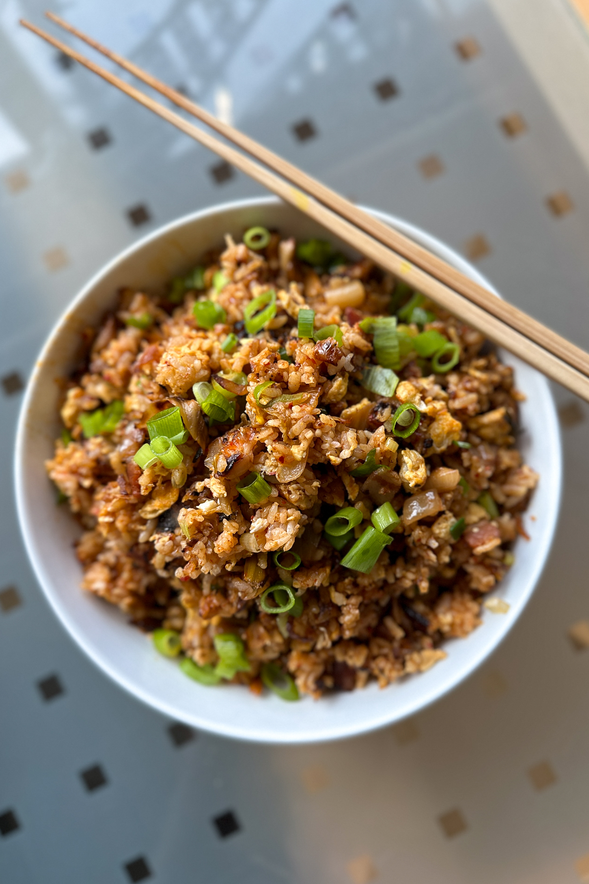 Kimchi fried rice in a bowl, ready to eat and enjoy.
