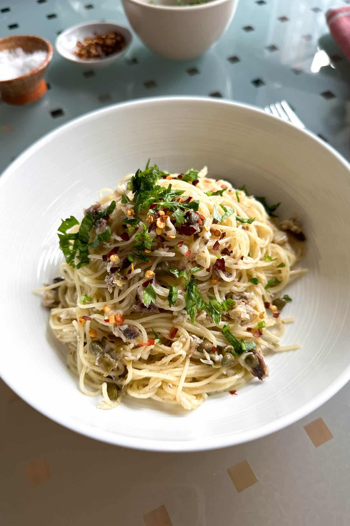 A bowl of Midnight Pasta, ready to eat.