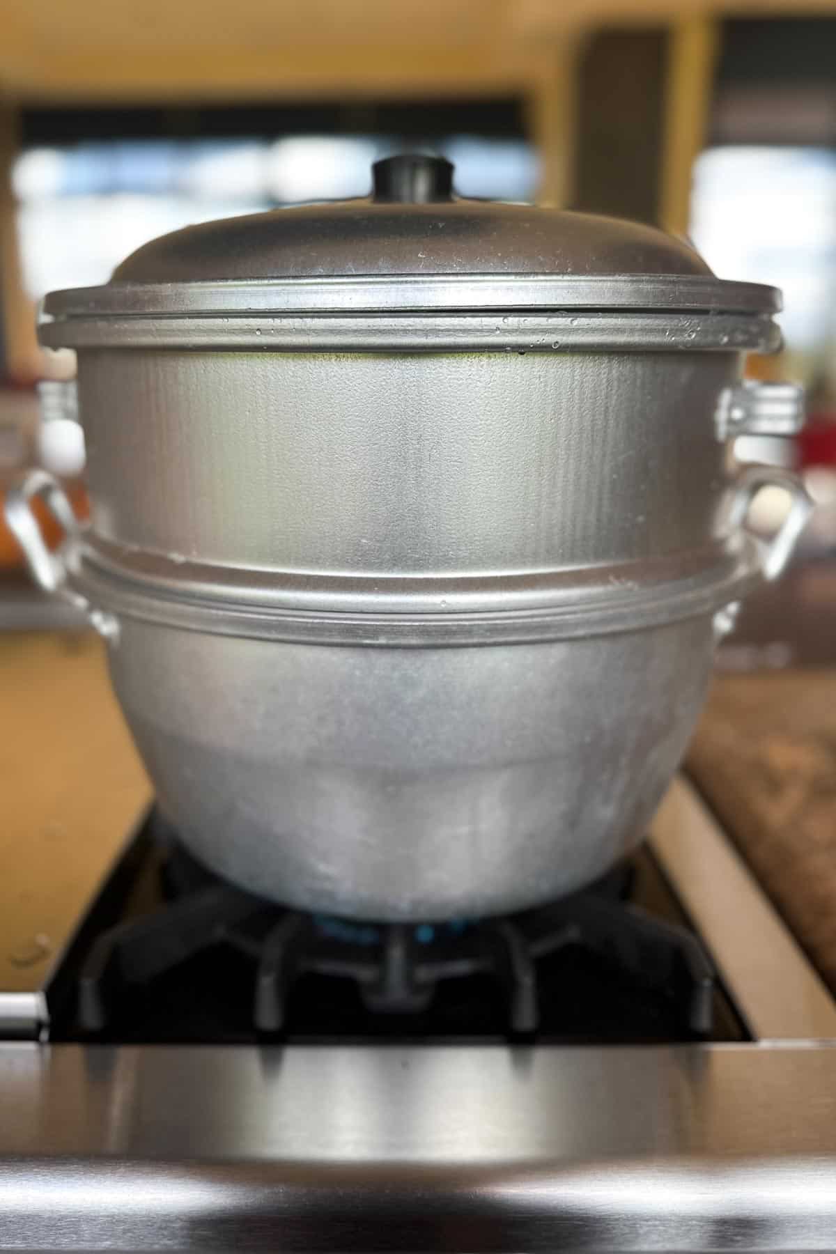 A steamer on a stovetop.