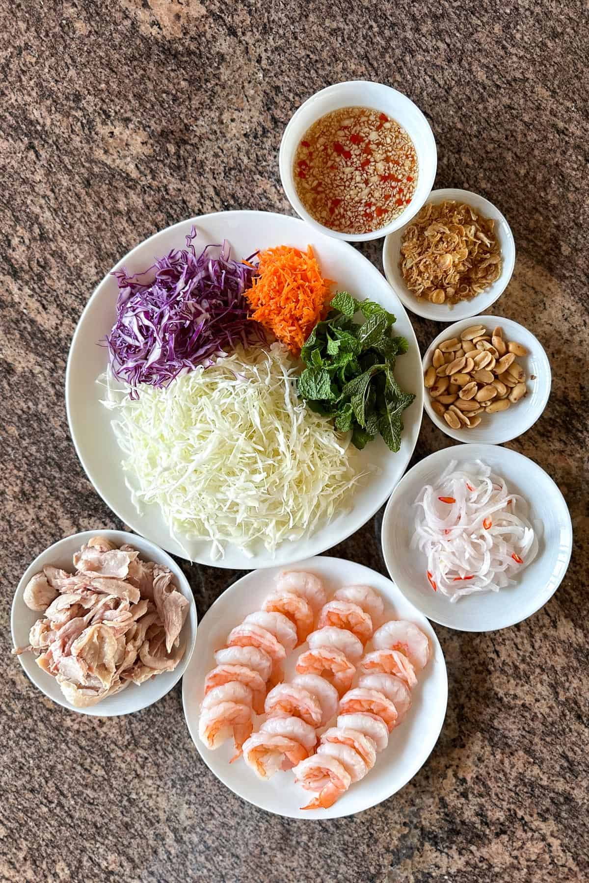 Ingredients for Vietnamese Salad laid out on a table.