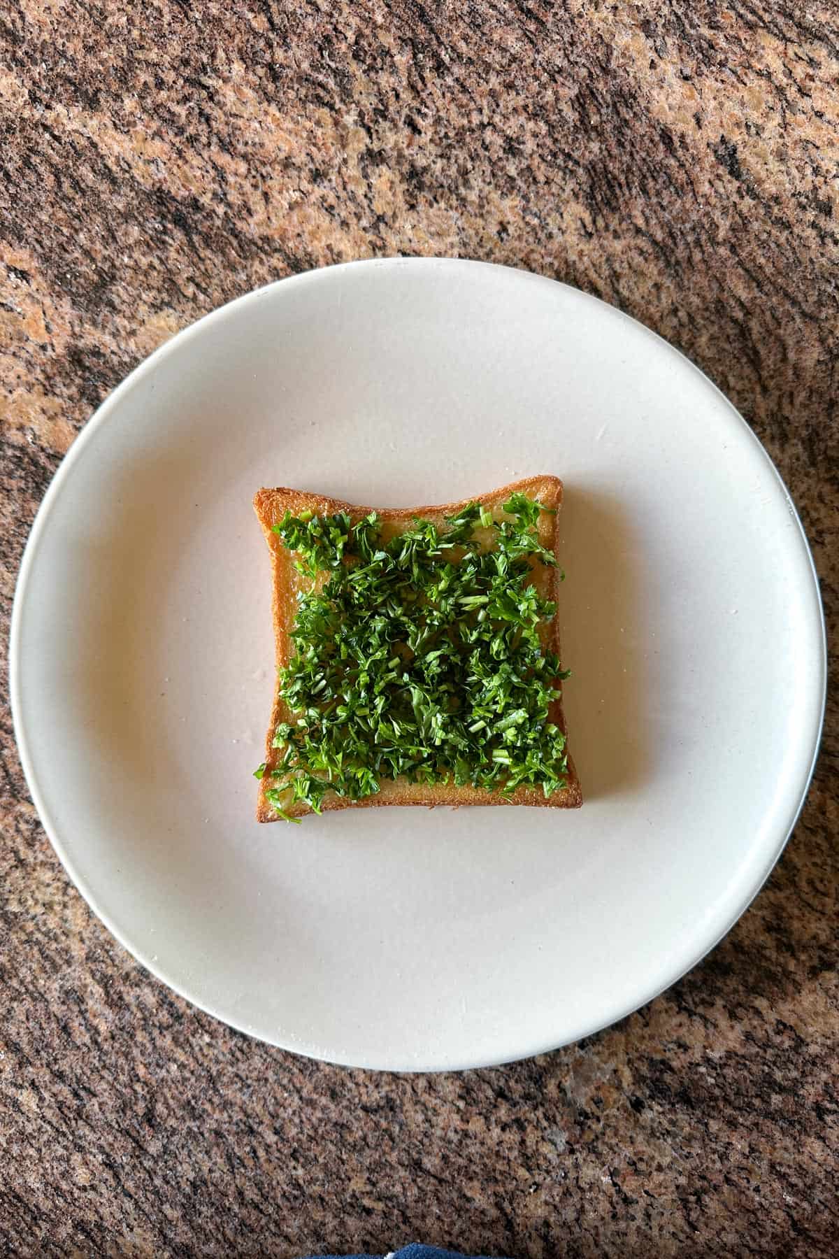 Two slices of bread with mayo, toasted, and with parsley on top.