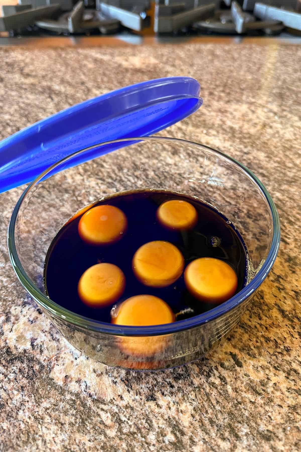 Soy Cured Egg Yolks ready to be marinated.