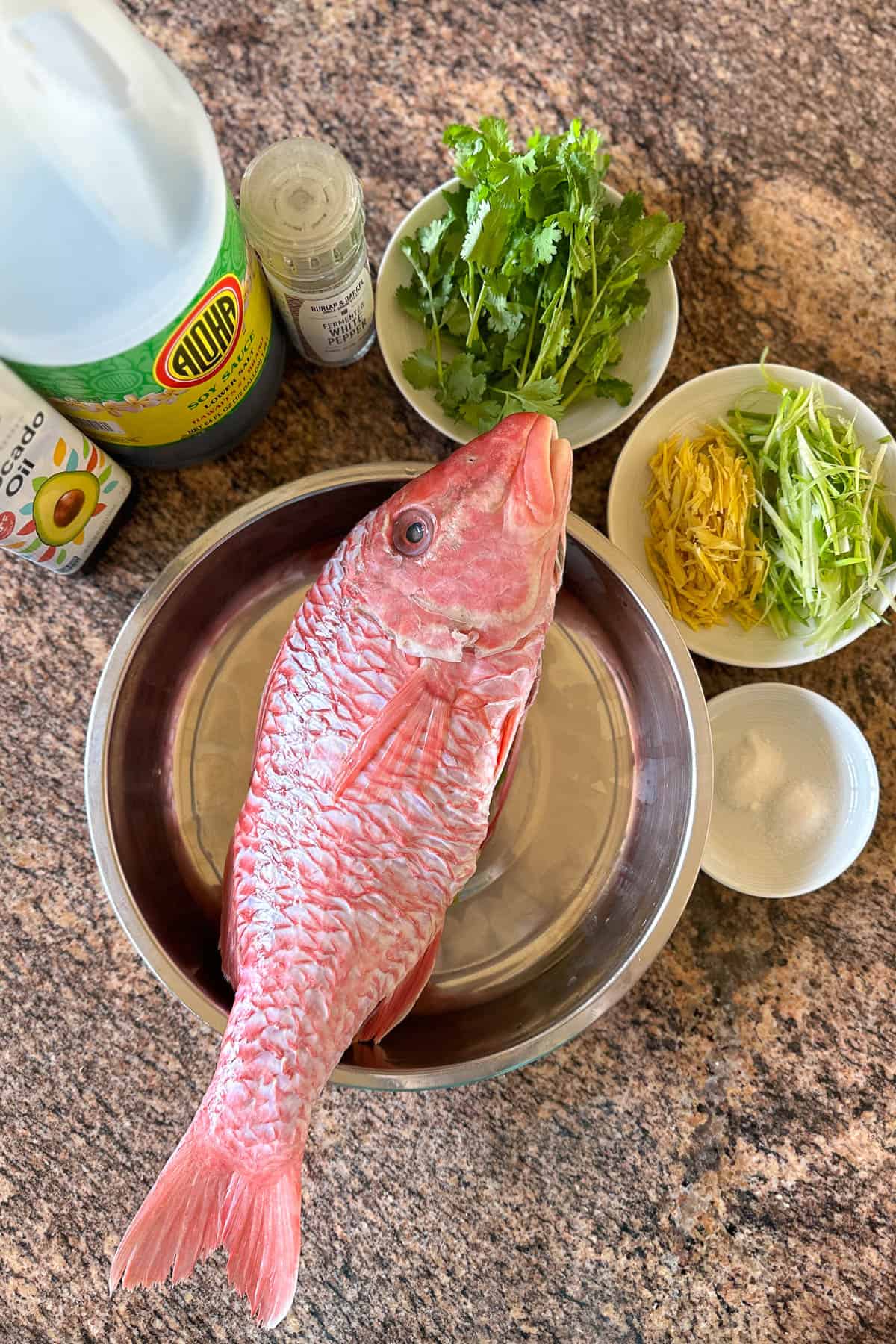 Ingredients for making Chinese Steamed Fish.